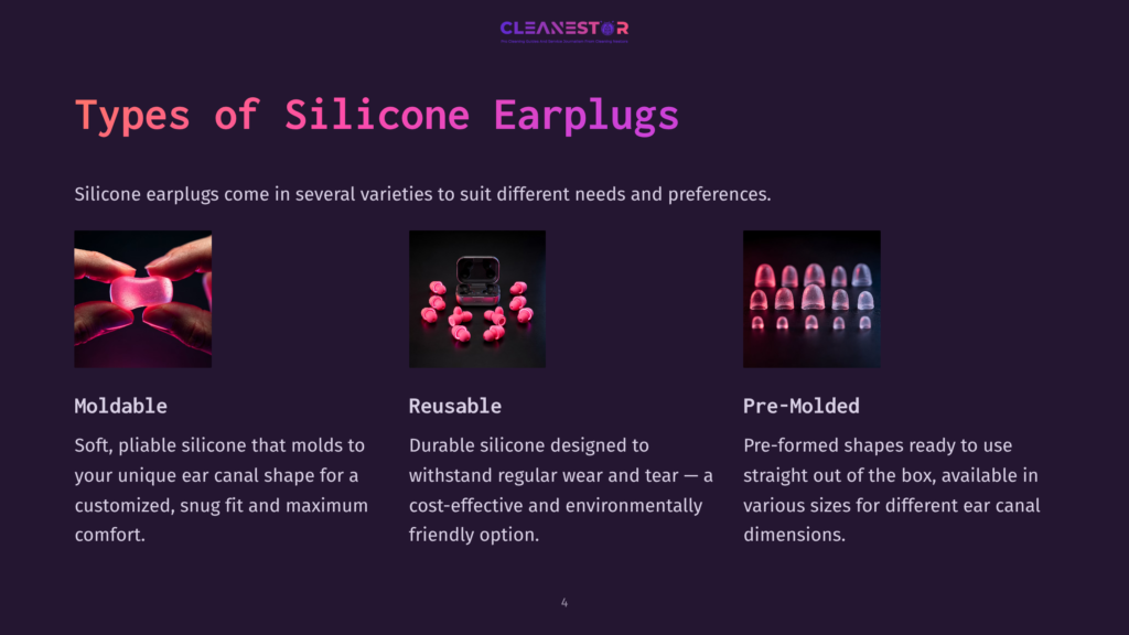 Three Types Of Silicone Earplugs: Moldable Earplugs Being Held, Reusable Earplugs In A Case, And Pre-Molded Earplugs In Various Colors.