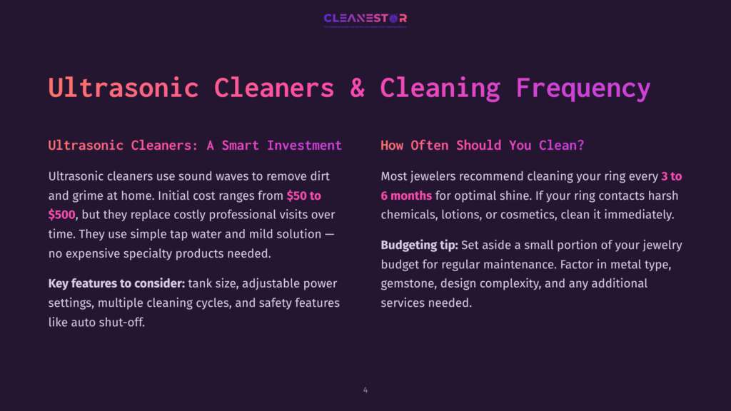 A Dark Purple Background With The Text &Quot;Cleanestor&Quot; In White At The Top, And &Quot;Ultrasonic Cleaners &Amp; Cleaning Frequency&Quot; In Large White Text Below. The Text Discusses Ultrasonic Cleaners, Their Cost, And Cleaning Frequency.