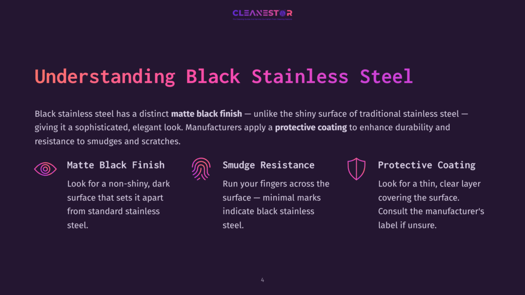 Text On A Dark Purple Background Detailing Features Of Black Stainless Steel, Including Its Matte Finish, Smudge Resistance, And Protective Coating.