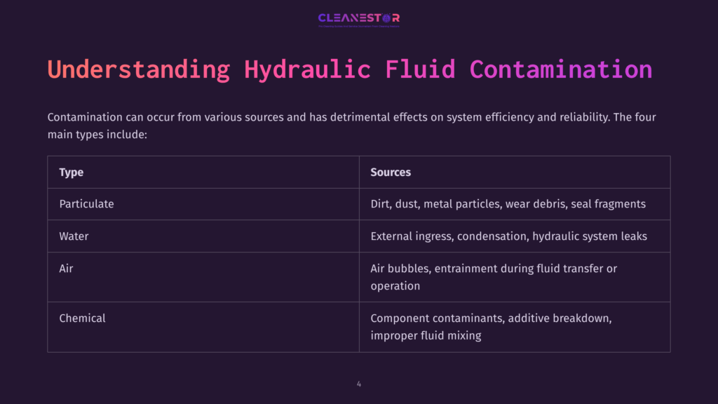 4 Understanding Hydraulic Fluid Contamination A Dark Purple Slide Titled &Quot;Understanding Hydraulic Fluid Contamination&Quot; Lists Four Main Types Of Contamination: Particulate, Water, Air, And Chemical, With Their Sources.