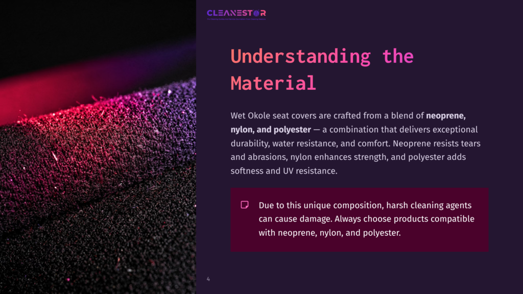 Close-Up Of Textured Okole Seat Cover Fabric, A Blend Of Black Neoprene And Polyester, Illuminated By Dramatic Pink And Purple Lighting, With &Quot;Cleanestor&Quot; Logo And Text About Material Understanding.