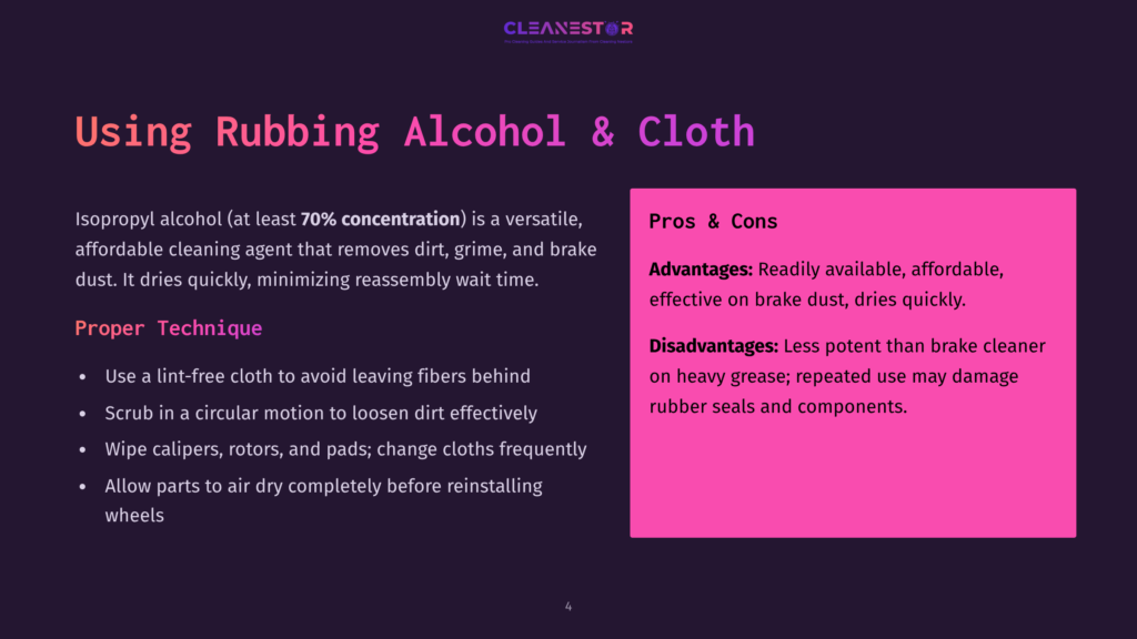 Rubbing Alcohol And Cloth Instructions For Cleaning Brakes, With Pros And Cons Highlighted In Pink, Set Against A Dark Background.