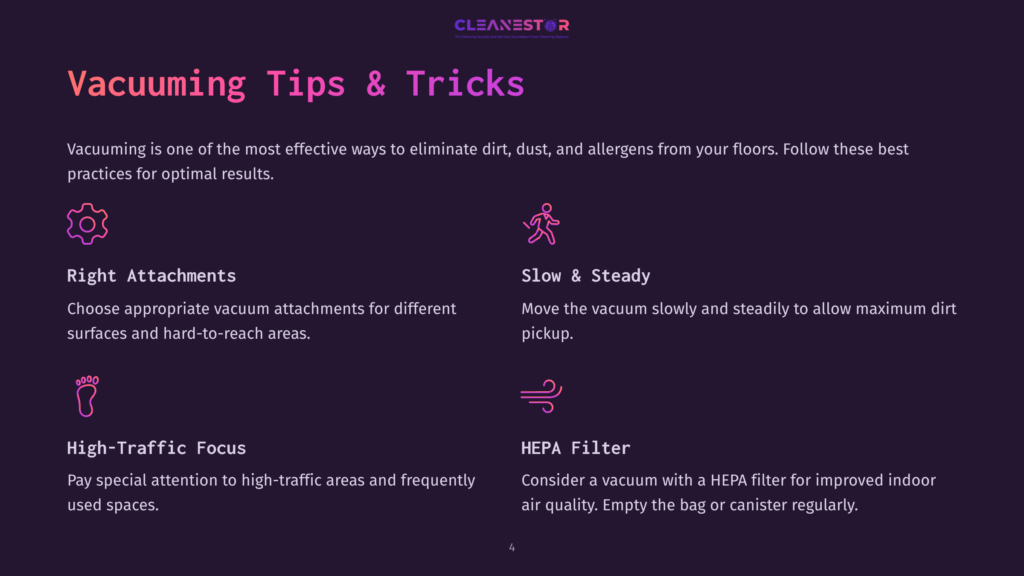 Text Layout Featuring A List Of Vacuuming Tips, With A Purple Background And White Text. Key Points Highlighted: Attachments, Slow Management, High-Traffic Areas, And Hepa Filters.