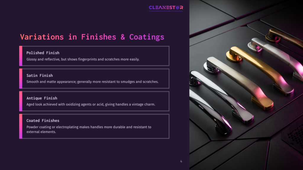 Collection Of Metal Door Handles In Various Finishes: Polished, Satin, Antique, And Coated, Displayed On A Dark Surface.