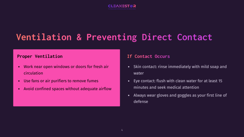 4 Ventilation And Preventing Direct Contact Presentation Slide Titled &Quot;Ventilation &Amp; Preventing Direct Contact&Quot; With Tips On Proper Ventilation And What To Do If Contact Occurs, Including Using Fans, Opening Windows, And Washing Skin.