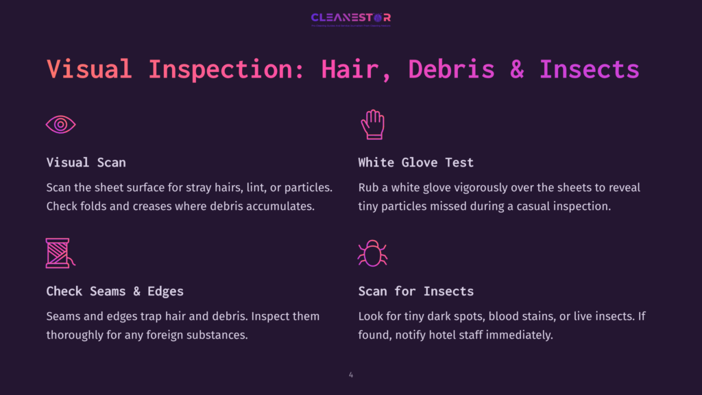4 Visual Inspection Hair Debris And Insects Visual Inspection: Hair, Debris &Amp; Insects. Includes Icons And Text For Visual Scan, White Glove Test, Check Seams &Amp; Edges, And Scan For Insects.