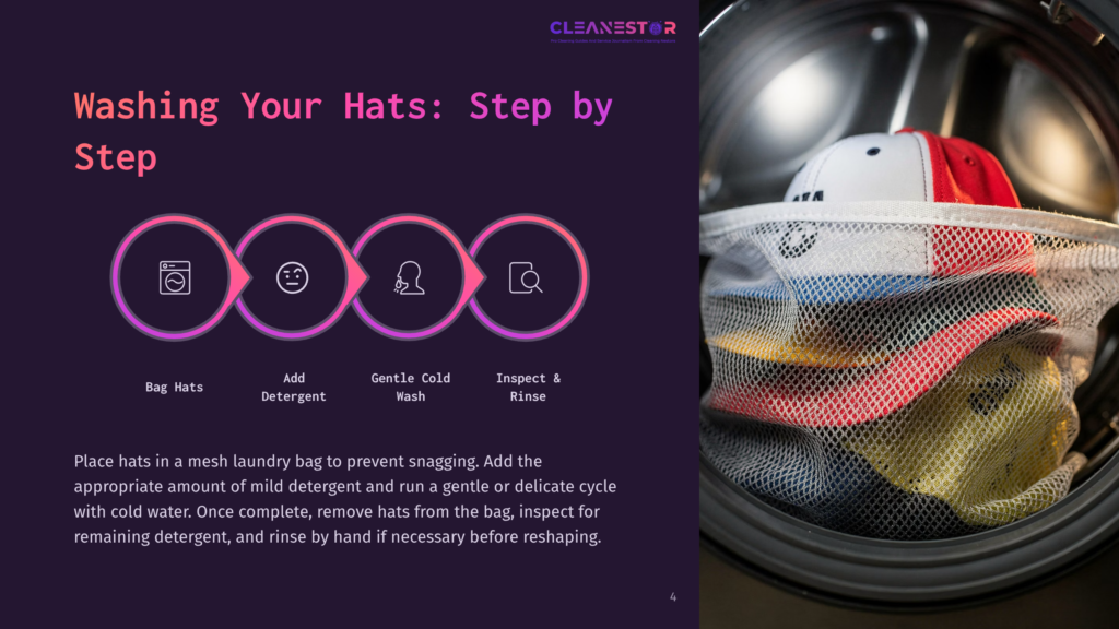 Infographic Showing The Steps For Washing Hats: Place Hats In A Mesh Bag, Add Mild Detergent, Gentle Cold Wash, And Inspect &Amp; Rinse. A Washing Machine Drum With Hats In A Mesh Bag Is Shown On The Right.