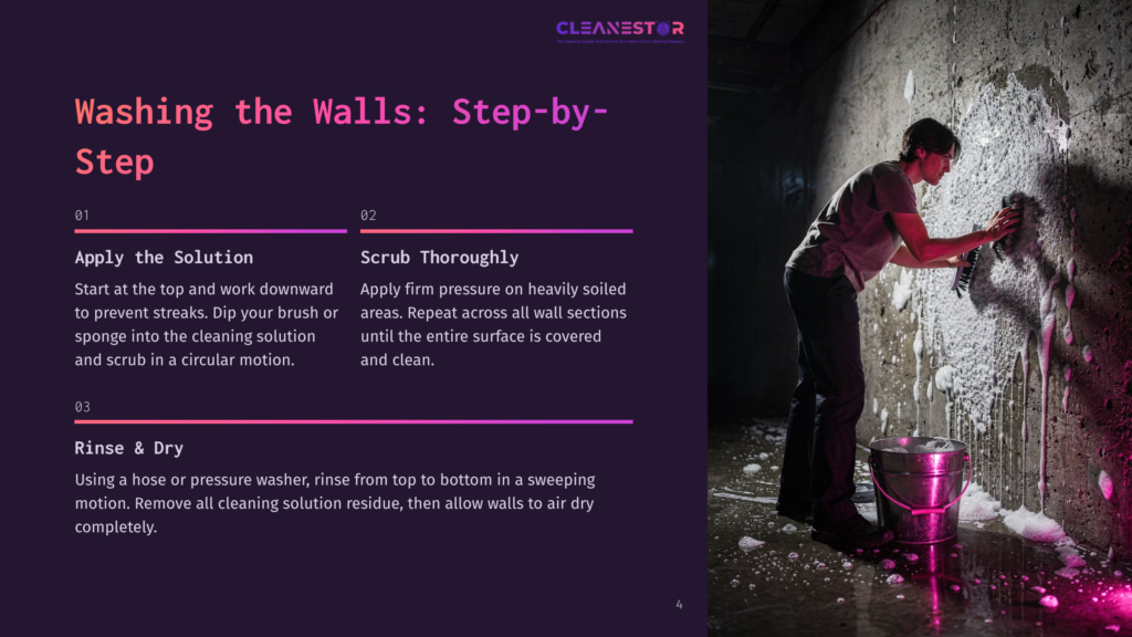 A Person Scrubs A Textured Concrete Wall With A Brush, Creating Suds And Streaks, As Part Of A Wall Cleaning Process. The Image Shows A Step-By-Step Guide For Washing Walls.