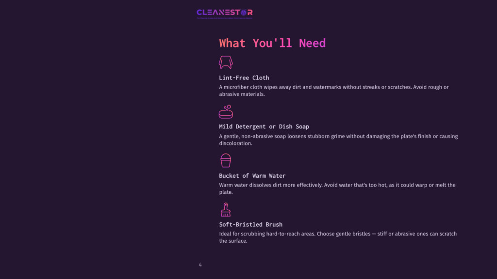 List Of Cleaning Supplies Needed For License Plate Care, Featuring A Lint-Free Cloth, Mild Detergent, Bucket Of Warm Water, And A Soft-Bristled Brush, On A Dark Purple Background.