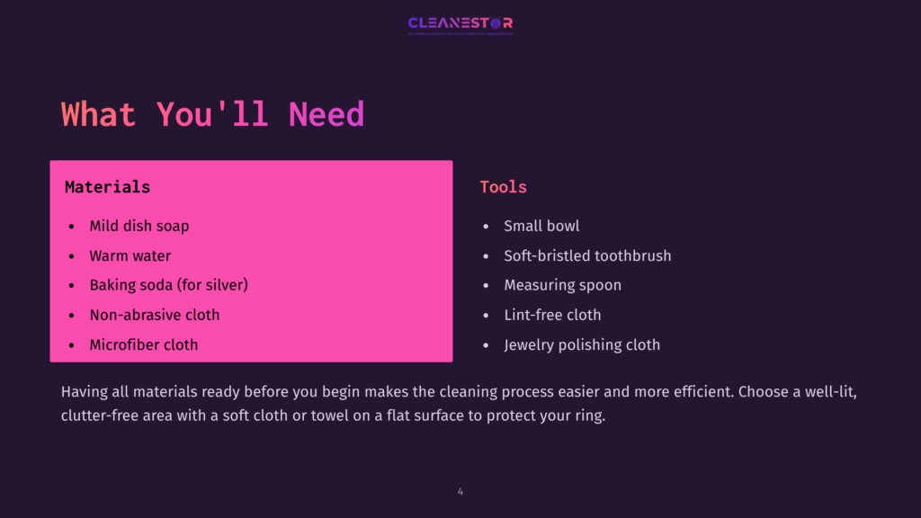 List Of Cleaning Materials And Tools For Jewelry, Featuring A Pink Box For 'Materials' And Tools In A Dark Layout.