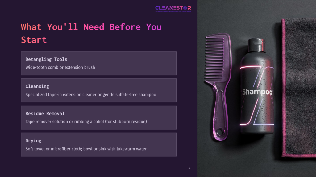4 What Youll Need Before You Start A Dark Purple Background Displays Text For &Quot;What You'Ll Need Before You Start,&Quot; Listing Detangling Tools, Cleansing, Residue Removal, And Drying. To The Right, A Purple Comb And A Bottle Of &Quot;Shampoo&Quot; With Neon Pink Accents Sit On A Dark Surface Next To A Dark Gray Towel.