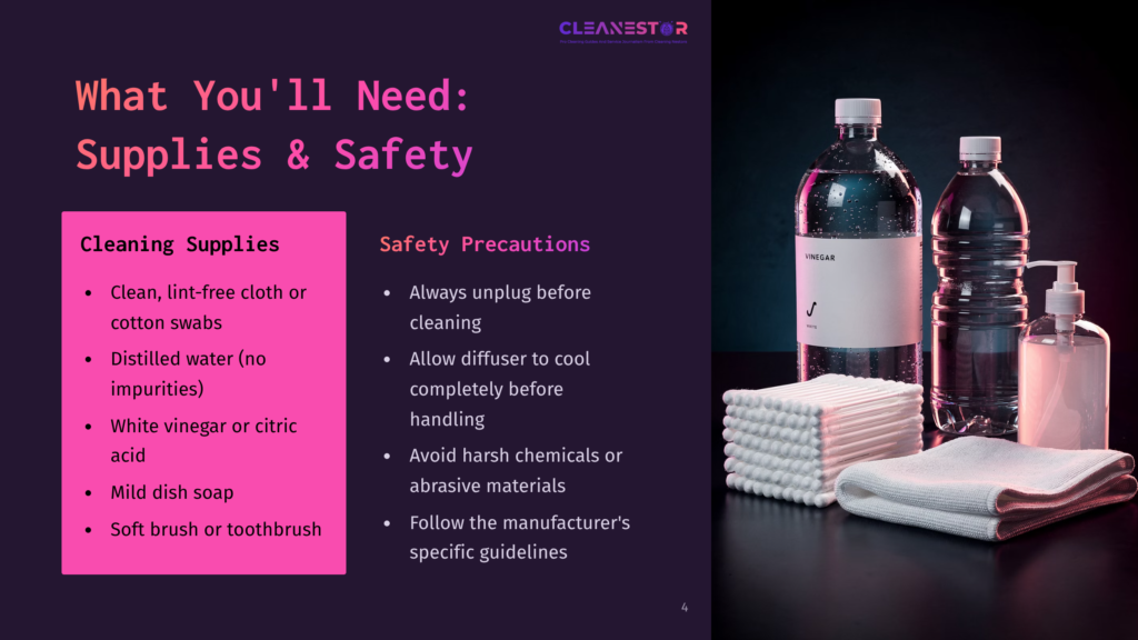 Supplies And Safety Tips For Cleaning, Featuring Water Bottles, Cloths, And Cleaning Agents On A Dark Background With Bold Text.