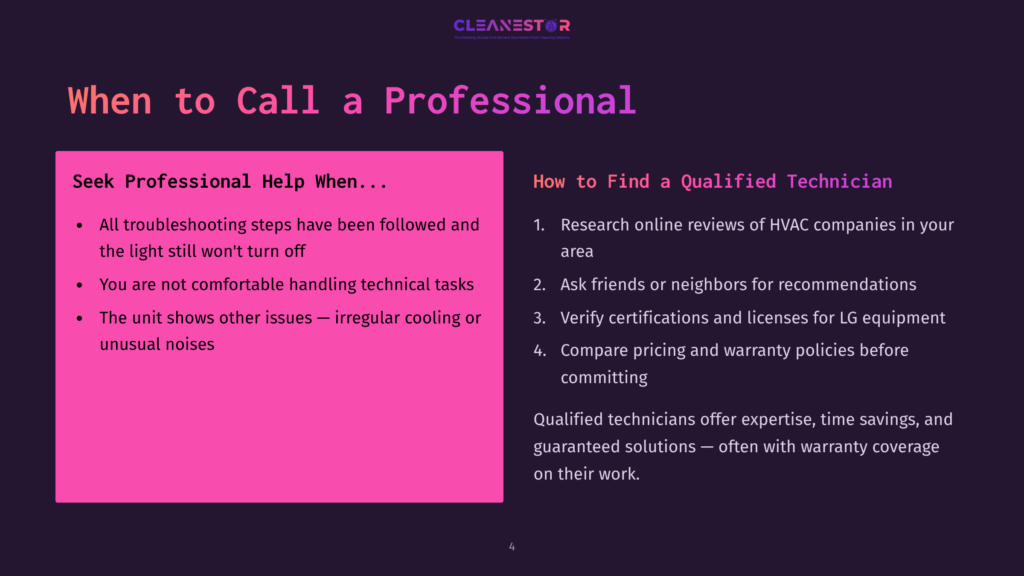 Dark Purple Background With &Quot;Cleanestor&Quot; Logo At The Top. The Text &Quot;When To Call A Professional&Quot; Is Prominent. A Pink Rectangle On The Left Lists Reasons To Seek Professional Help, While The Right Side Lists Tips For Finding A Qualified Hvac Technician.