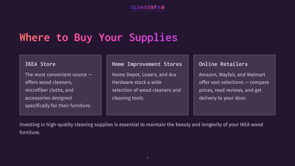 Graphic With Text About Where To Buy Cleaning Supplies: Ikea Store, Home Improvement Stores, And Online Retailers. Heading: &Quot;Where To Buy Your Supplies.