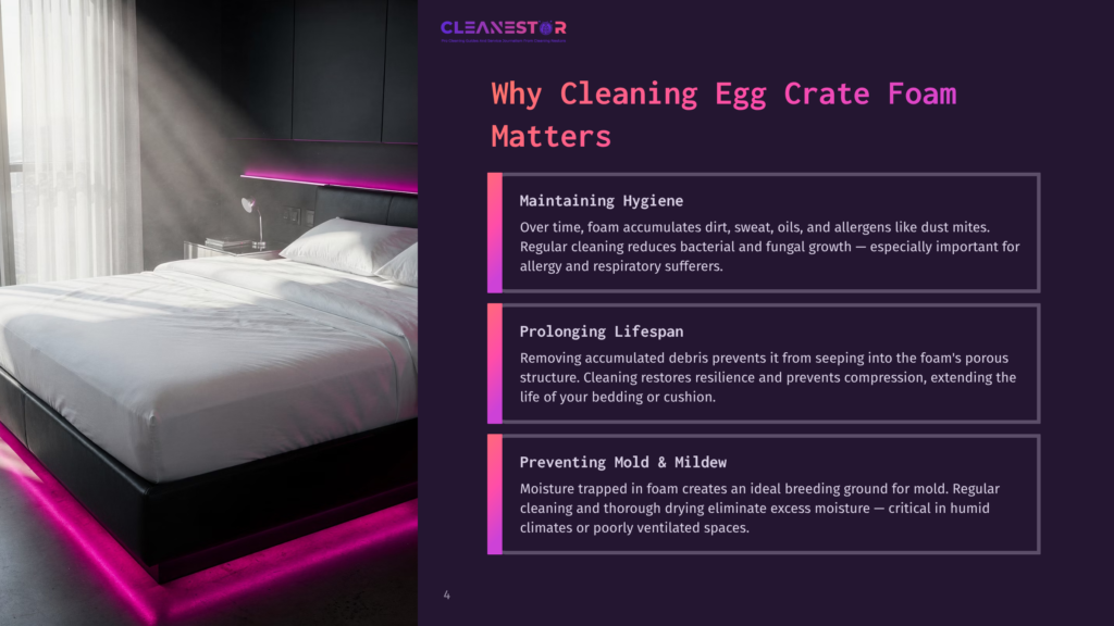 Cleanestor Logo And Text &Quot;Why Cleaning Egg Crate Foam Matters&Quot; Next To A Modern Bedroom With A Bed Featuring Pink Led Lighting.