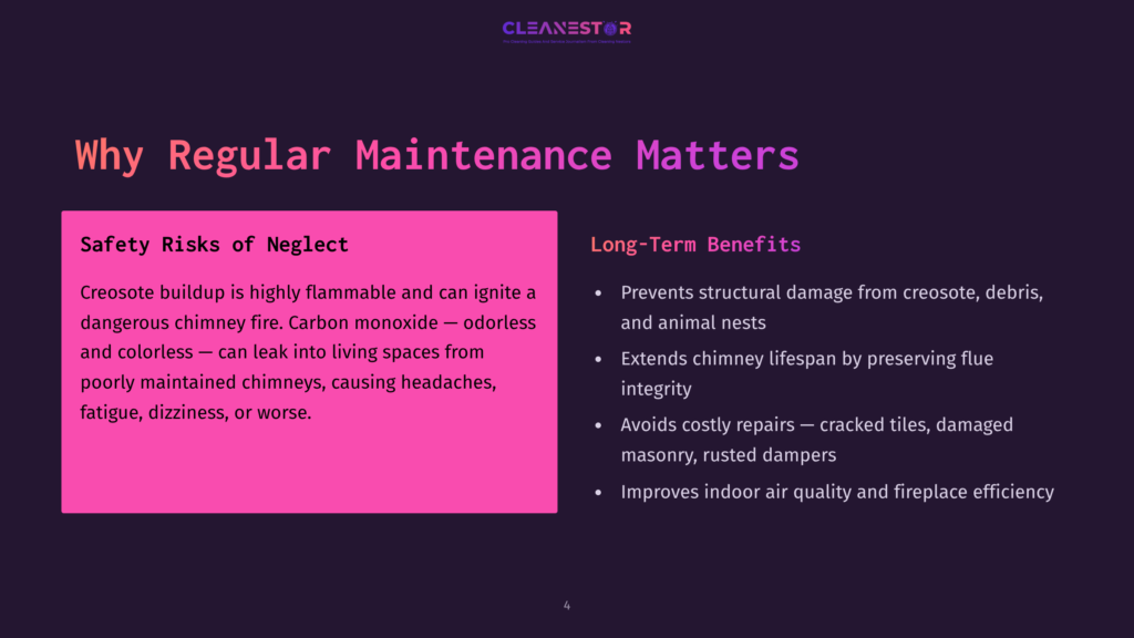 A Slide Titled &Quot;Why Regular Maintenance Matters&Quot; Lists &Quot;Safety Risks Of Neglect&Quot; Including Creosote Buildup Causing Chimney Fires And Carbon Monoxide Poisoning, And &Quot;Long-Term Benefits&Quot; Like Preventing Structural Damage And Extending Chimney Lifespan.