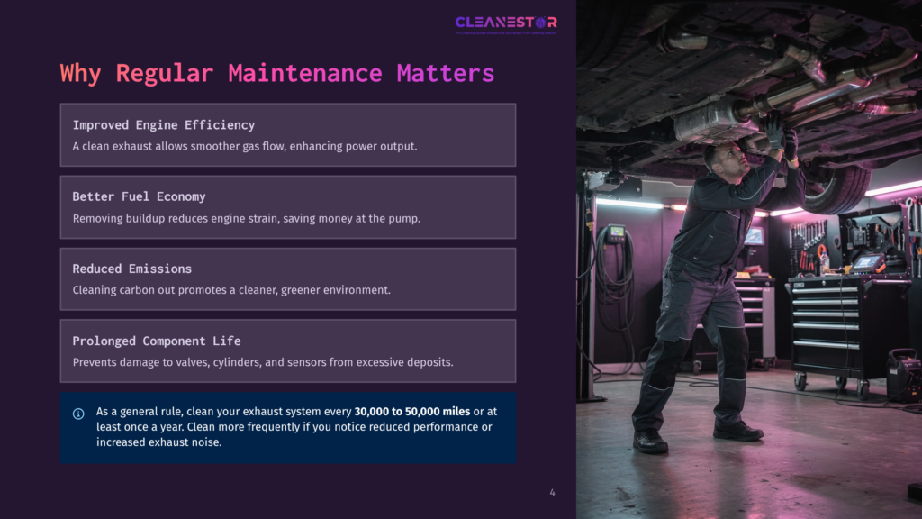 4 Why Regular Maintenance Matters A Mechanic In Gray Overalls Works On The Exhaust System Of A Car In A Brightly Lit Auto Repair Shop, With Tool Chests And Equipment In The Background. Text Overlay: &Quot;Why Regular Maintenance Matters.