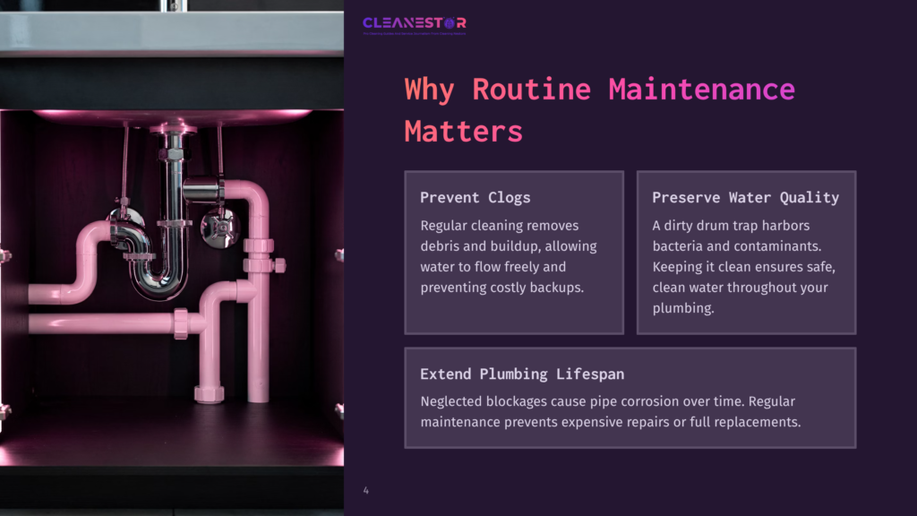 4 Why Routine Maintenance Matters Pink Plumbing Pipes Connect Under A Sink With A Dark Cabinet Background, Accompanied By Text Boxes Outlining Maintenance Benefits.