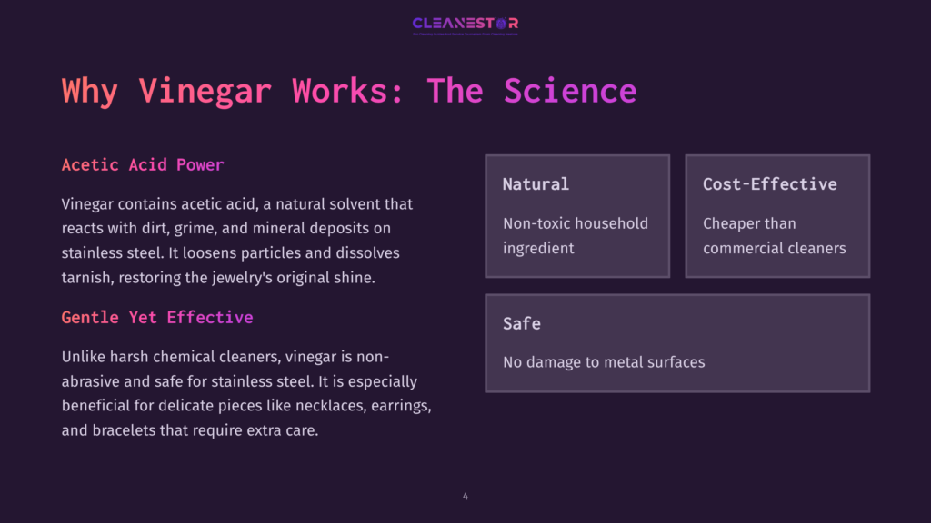 Presentation Slide Titled &Quot;Why Vinegar Works: The Science&Quot; With Sections On &Quot;Natural,&Quot; &Quot;Cost-Effective,&Quot; And &Quot;Safe&Quot; Properties Of Vinegar For Cleaning.