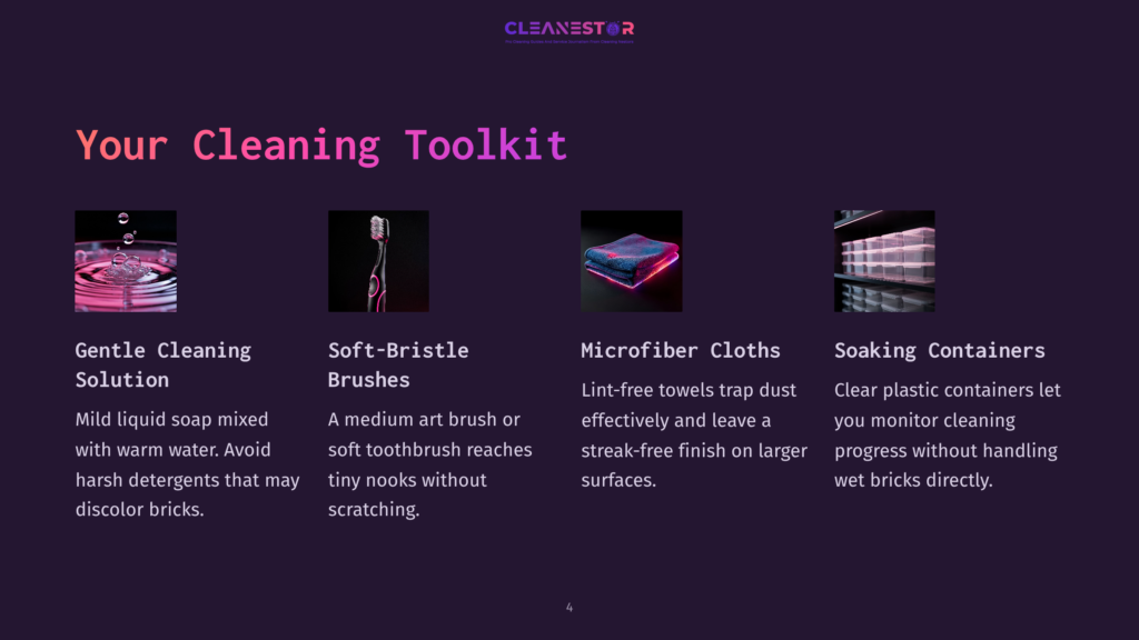 Four Cleaning Tools Are Displayed: Gentle Cleaning Solution In A Pink Water Droplet, Soft-Bristle Brushes With A Toothbrush, Microfiber Cloths In Blue And Pink, And Clear Soaking Containers.