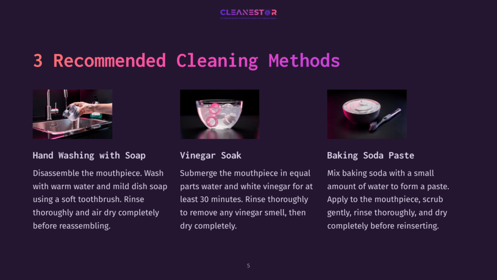 Three Cleaning Methods For A Brita Mouthpiece: Hand Washing, Vinegar Soak, And Baking Soda Mix, Each With Visuals And Instructions.