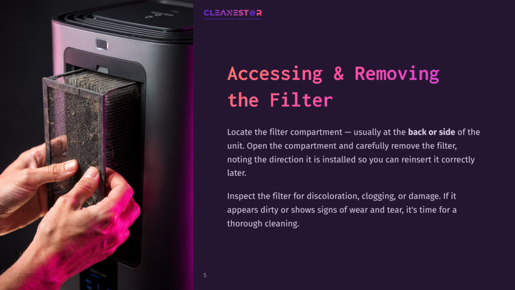 5 Accessing And Removing The Filter Close-Up Of A Hand Removing A Dark Filter From A Sleek, Black Dehumidifier, Beside Instructions Highlighted In Pink And White Text.