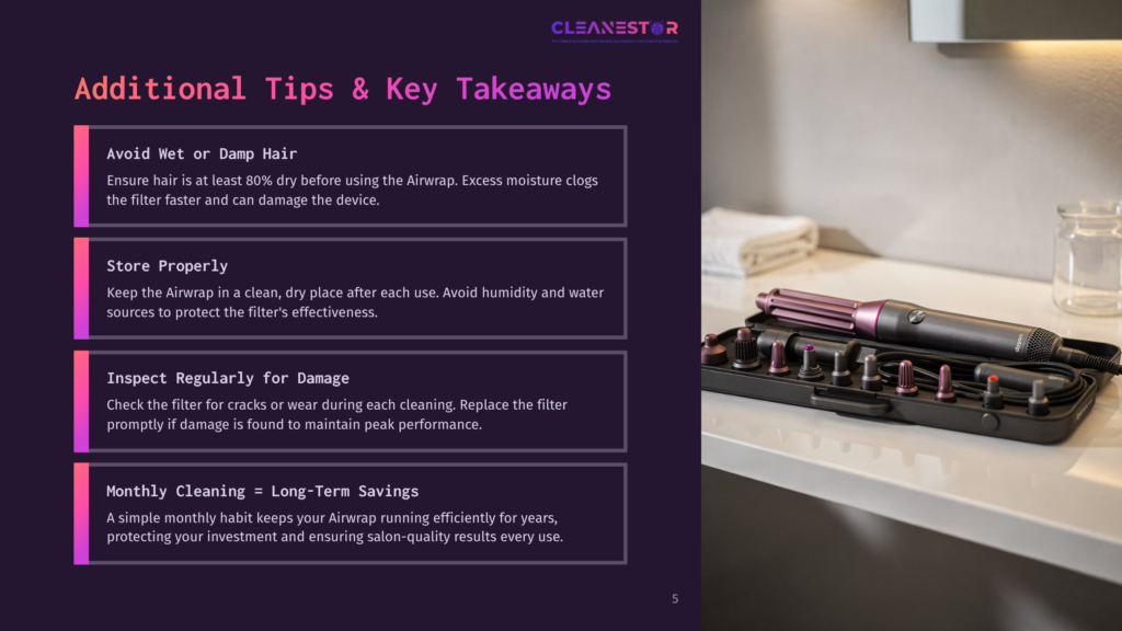 A Collection Of Airwrap Styling Attachments And The Airwrap Hair Tool Are Neatly Arranged In A Black Case. The Text &Quot;Cleanestor&Quot; And &Quot;Additional Tips &Amp; Key Takeaways&Quot; Are Visible.