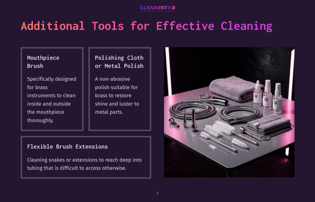 A Layout Featuring Cleaning Tools For Brass Instruments: A Mouthpiece Brush, Polishing Cloth, And Flexible Brush Extensions On A Purple Background.