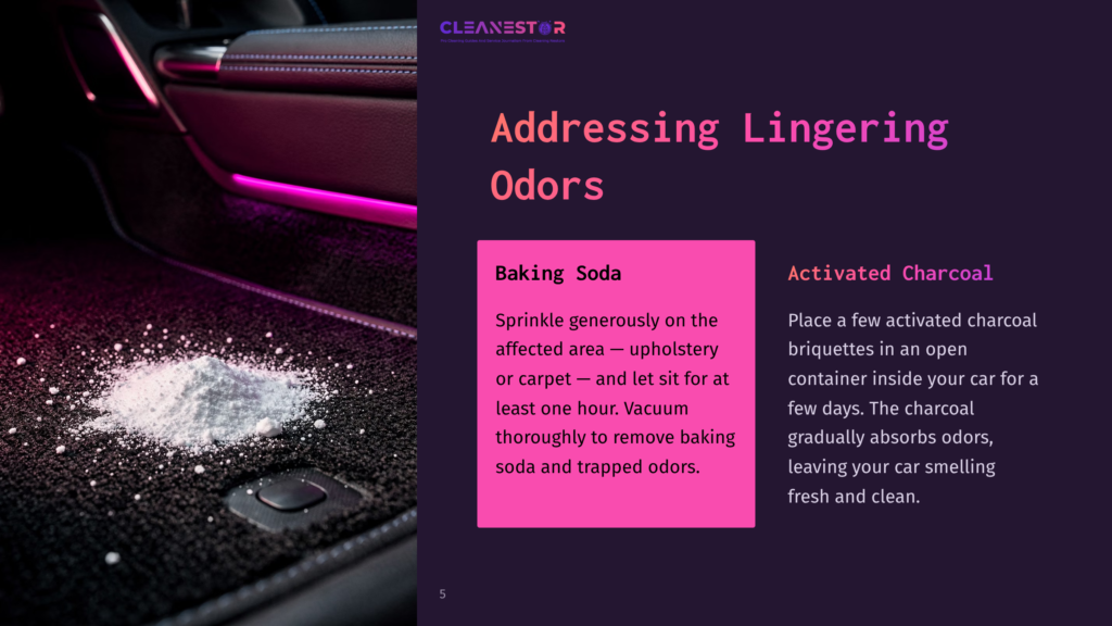 A Carpeted Car Floor With Spilled Baking Soda, Featuring Purple Lighting And Text Instructions On Using Baking Soda And Activated Charcoal.