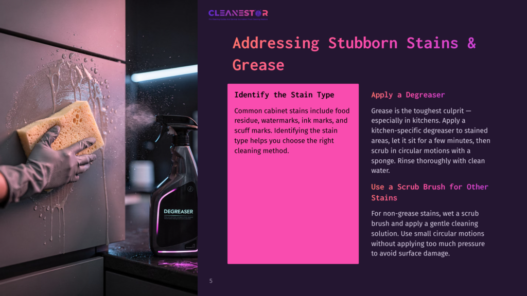 Cleaning Cabinets With A Sponge And Degreaser Spray Near A Modern Kitchen Sink, Featuring A Bold, Pink-And-Purple Text Layout.