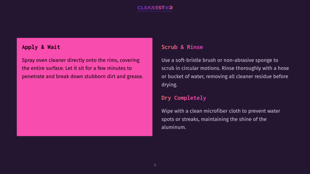 Instructions With Pink Background Detailing Steps For Cleaning Aluminum Rims: &Quot;Apply &Amp; Wait,&Quot; &Quot;Scrub &Amp; Rinse,&Quot; And &Quot;Dry Completely.&Quot;