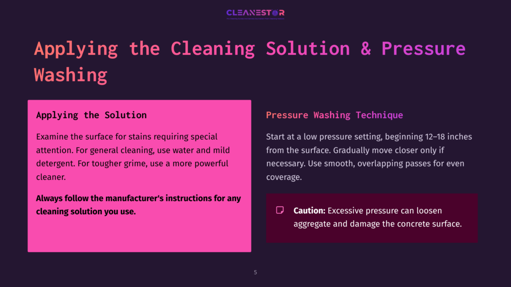 Instructional Slide Featuring A Pink Box Outlining Cleaning Solutions, A Caution Note, And Tips For Pressure Washing Techniques Against A Dark Purple Background.