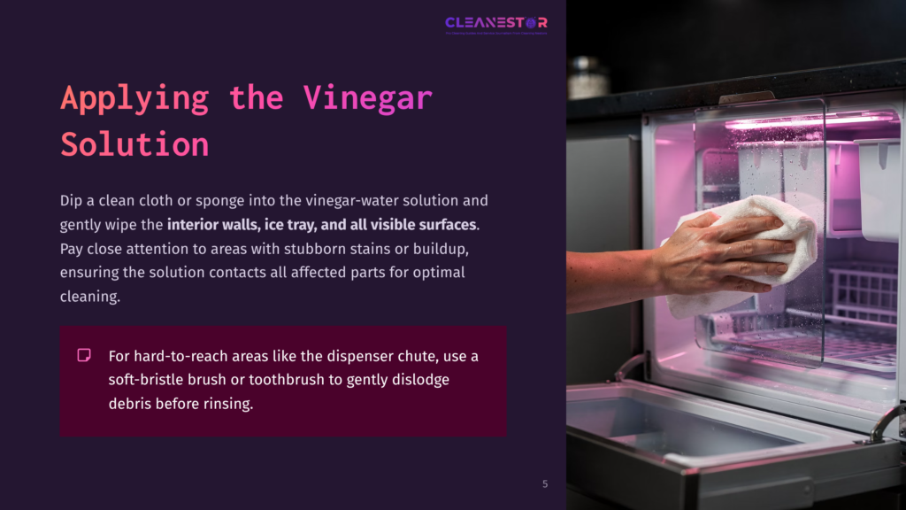 A Person'S Hand Wipes The Inside Of A Modern Refrigerator With A White Cloth, Cleaning With A Vinegar Solution. The Refrigerator Interior Glows With Pink Led Lights.