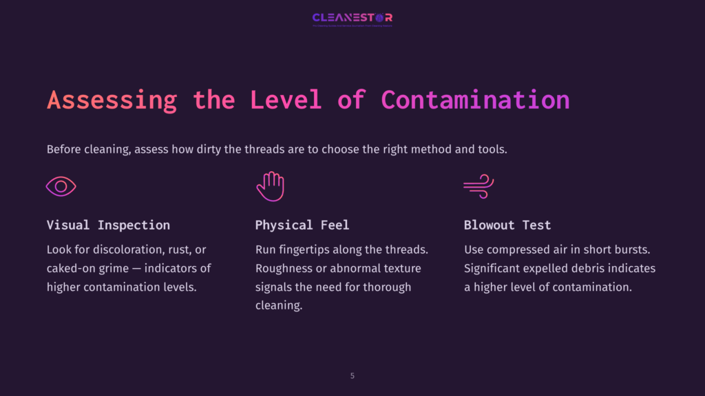 Illustration Showing Three Methods To Assess Contamination On Threads: Visual Inspection, Physical Feel, And Blowout Test. Text Details How To Perform Each Test.