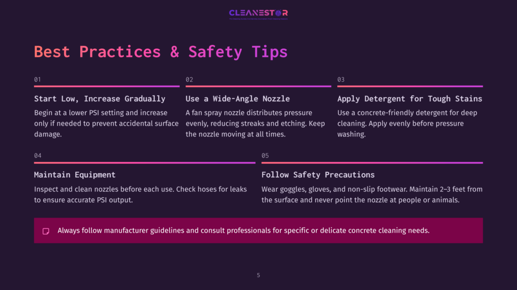 5 Best Practices And Safety Tips Best Practices &Amp; Safety Tips For Concrete Cleaning: Start Low, Use Wide-Angle Nozzle, Apply Detergent, Maintain Equipment, And Follow Safety Precautions.