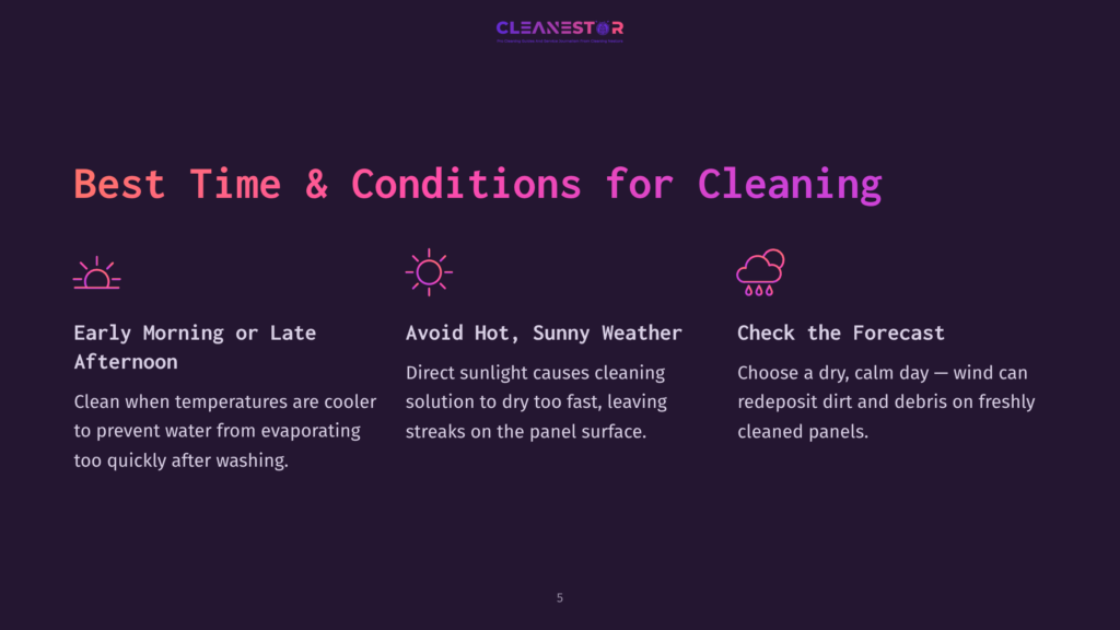Graphic With Text: &Quot;Best Time &Amp; Conditions For Cleaning.&Quot; Three Icons Represent Early Morning/Late Afternoon, Avoiding Hot/Sunny Weather, And Checking The Forecast For Solar Panel Cleaning.