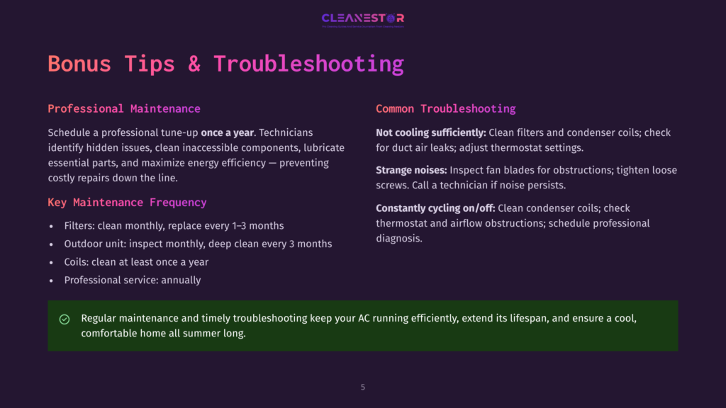 Cleanestor Logo Above Text Detailing Ac Professional Maintenance Tips And Common Troubleshooting Advice, Including &Quot;Bonus Tips &Amp; Troubleshooting&Quot; And &Quot;Key Maintenance Frequency&Quot; Sections.