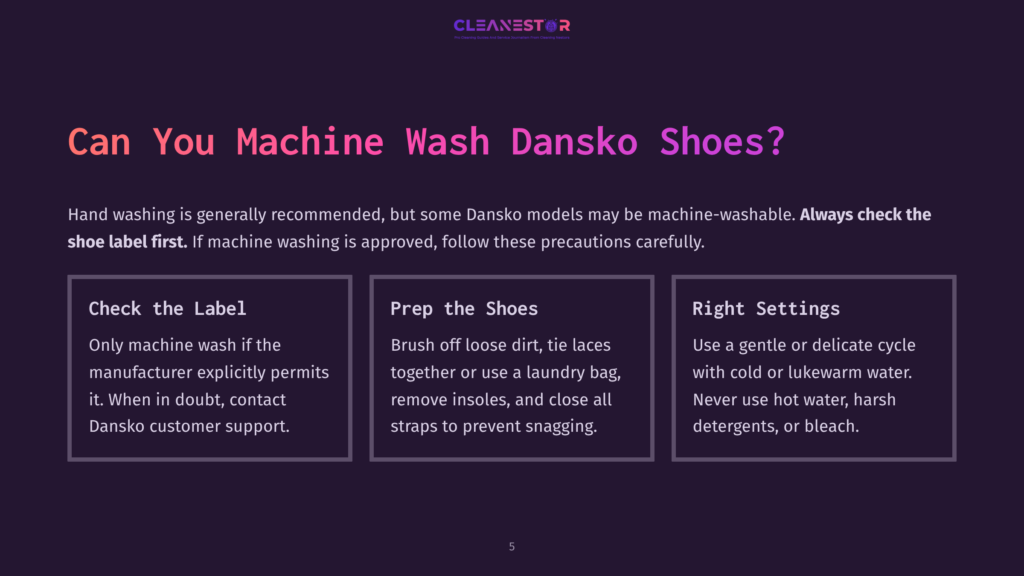 Machine Washing Dansko Shoes Infographic With Sections On Checking The Label, Prep, And Right Settings