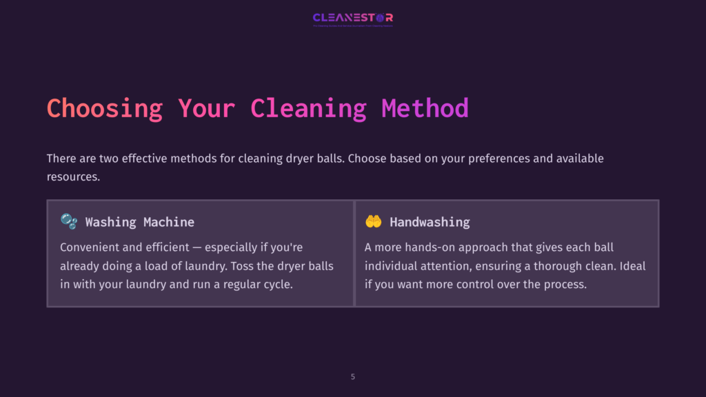 Two Cleaning Methods For Dryer Balls: A Washing Machine Icon With A Laundry Basket, And A Handwashing Icon With A Sponge, Set On A Dark Purple Background.