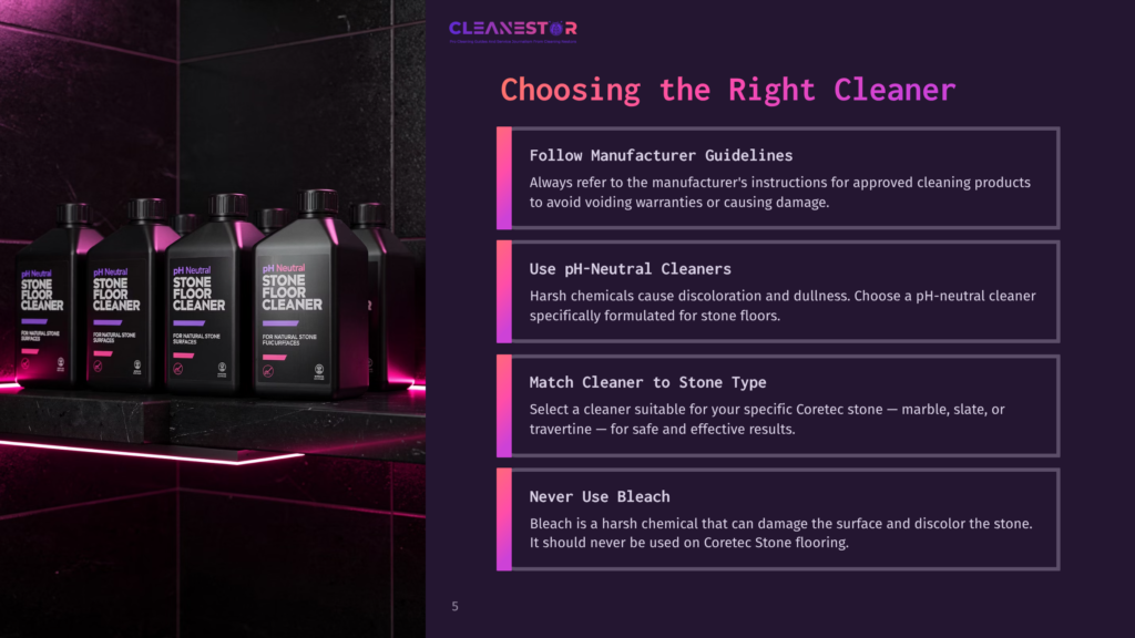 A Row Of Five Bottles Of Ph-Neutral Stone Floor Cleaner By Cleanestor Sits On A Dark, Reflective Surface, With The Bottles' Labels Clearly Visible. The Background Is Dark And Out Of Focus.