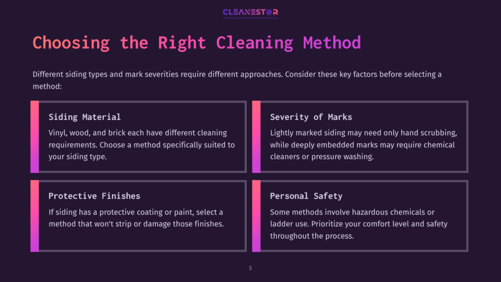 Choosing The Right Cleaning Method For Siding. Four Boxes Detail Siding Material, Severity Of Marks, Protective Finishes, And Personal Safety For Effective Siding Cleaning.