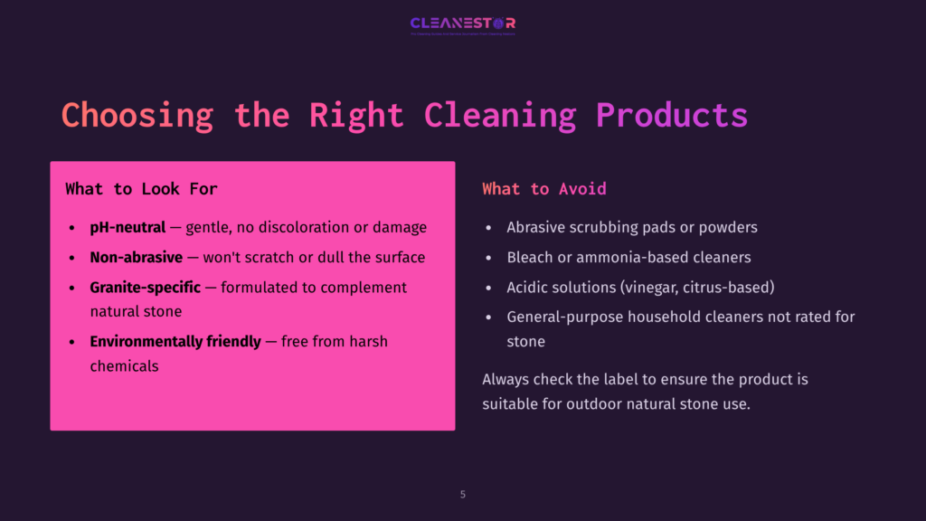 Text On A Pink And Purple Background, Detailing What To Look For And Avoid In Cleaning Products For Granite Monuments.