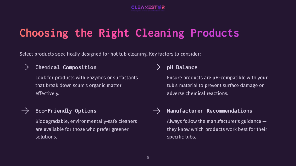 Text On A Dark Background Outlines Factors For Selecting Hot Tub Cleaning Products, Including Composition, Ph Balance, And Eco-Friendly Options.