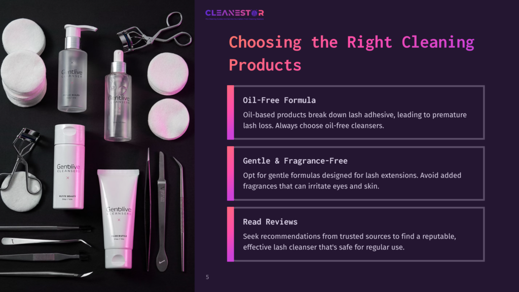 Close-Up Of Gentlive Lash Cleanser Bottles And Cotton Pads, With Eyelash Curlers And Grooming Tools, Against A Dark Background. Text Reads &Quot;Choosing The Right Cleaning Products.