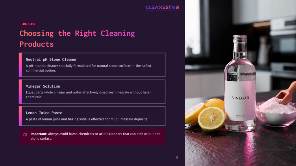 5 Choosing The Right Cleaning Products 3 A Bottle Of White Vinegar Sits Next To A Bowl Of Baking Soda And Sliced Lemons On A Dark Countertop, Suggesting Natural Cleaning Solutions For Stone Surfaces.
