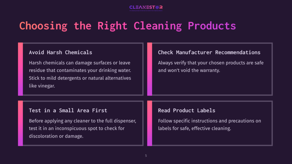 5 Choosing The Right Cleaning Products 5 A Dark Purple Slide Titled &Quot;Choosing The Right Cleaning Products&Quot; With Four Sections: &Quot;Avoid Harsh Chemicals,&Quot; &Quot;Check Manufacturer Recommendations,&Quot; &Quot;Test In A Small Area First,&Quot; And &Quot;Read Product Labels.
