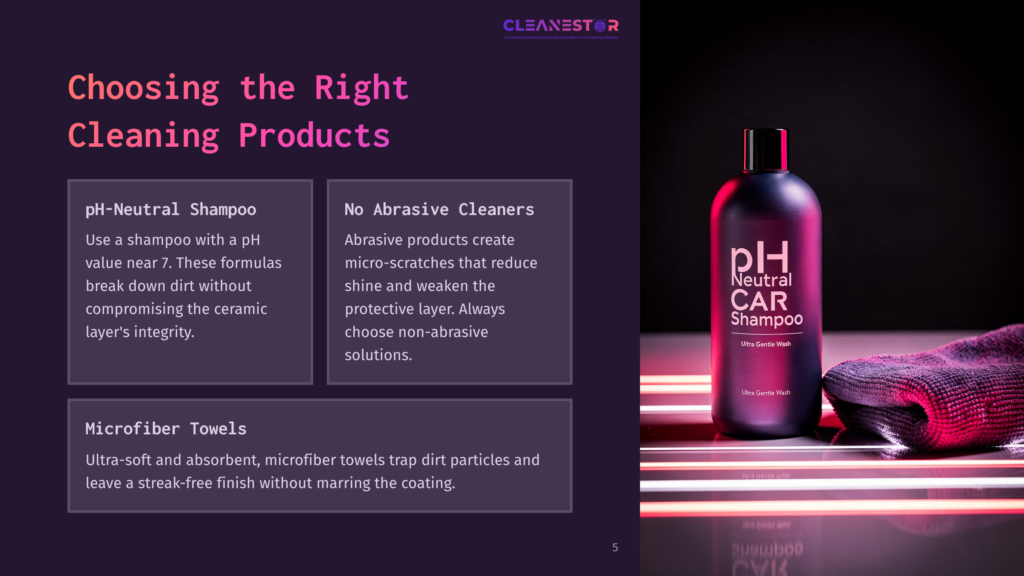 5 Choosing The Right Cleaning Products 6 A Dark, Moody Product Shot Features A Bottle Of Ph Neutral Car Shampoo By Cleanestor Next To A Plush Microfiber Towel. The Bottle Is Illuminated, Highlighting The Text &Quot;Ph Neutral Car Shampoo,&Quot; With The Towel Draped Beside It On A Reflective Surface.
