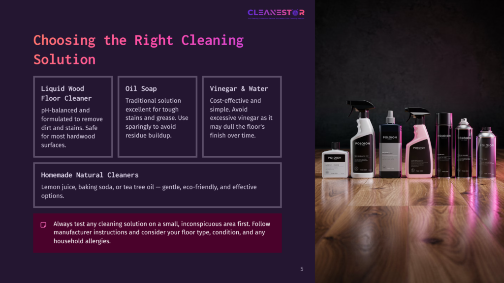 Selection Of Cleaning Products On A Wooden Floor, Featuring Liquid Wood Cleaner, Oil Soap, Vinegar, And A Homemade Cleaner Guide.