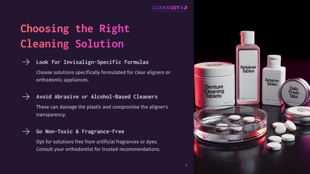 Product Shot Of Retainer Cleaning Tablets And Solutions, With Text Overlay &Quot;Choosing The Right Cleaning Solution&Quot; And &Quot;Look For Invisalign-Specific Formulas.