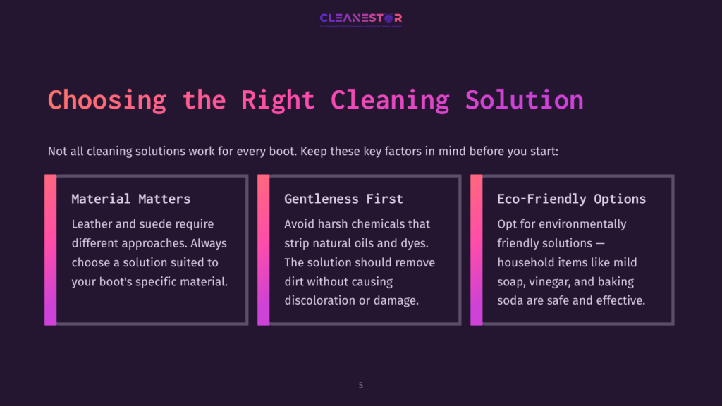 5 Choosing The Right Cleaning Solution 4 A Dark Purple Background With The Text &Quot;Cleanestor&Quot; At The Top. Below Is The Title &Quot;Choosing The Right Cleaning Solution&Quot; And Three Columns Of Text: &Quot;Material Matters,&Quot; &Quot;Gentleness First,&Quot; And &Quot;Eco-Friendly Options,&Quot; Each With Bullet Points And A Colored Gradient Border.